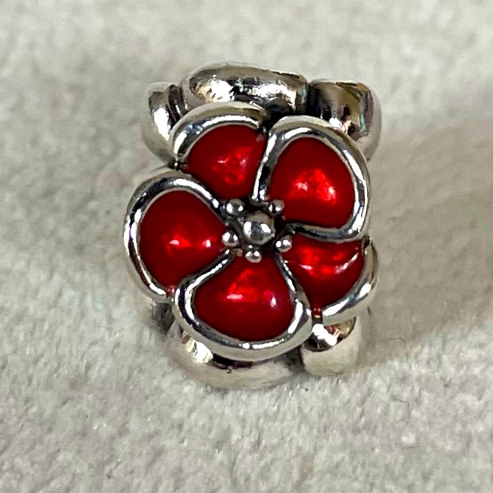 100% Authentic Pandora SS Red Poppy Flower Enamel Charm